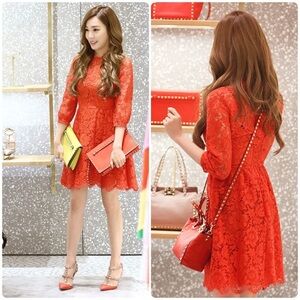 New! Red Valentino Red Lace Fit and Flare 3Q Sleeve Mini Dress 🌹 size 38 or US 2